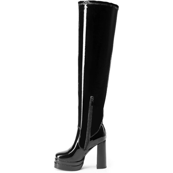 Women's Black-pat Polyurethane (PU) Square Toe Over The Knee Thigh High Boots - Picture 3 of 7